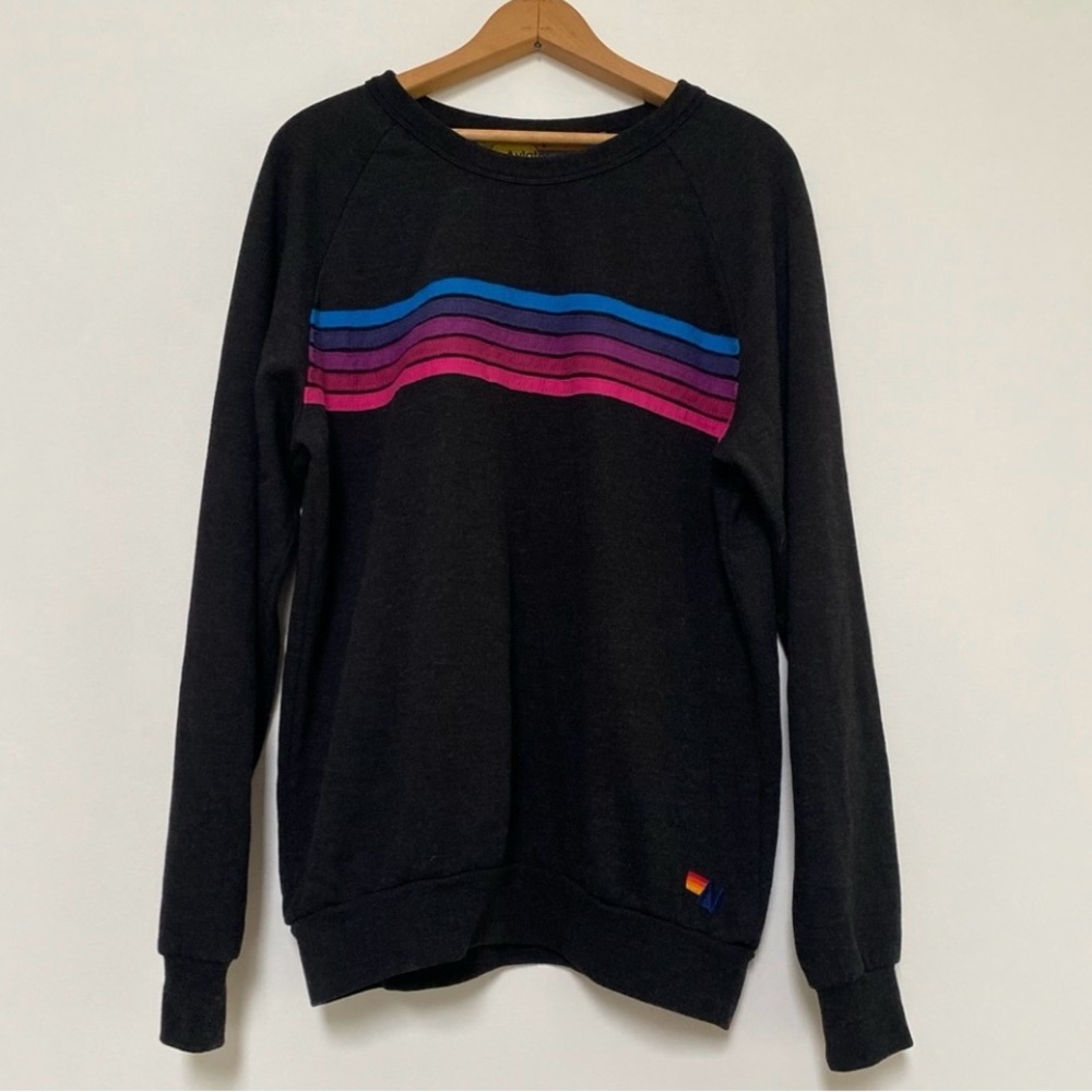 Aviator Nation Black and Pink Crewneck Sweater with Retro Stripes